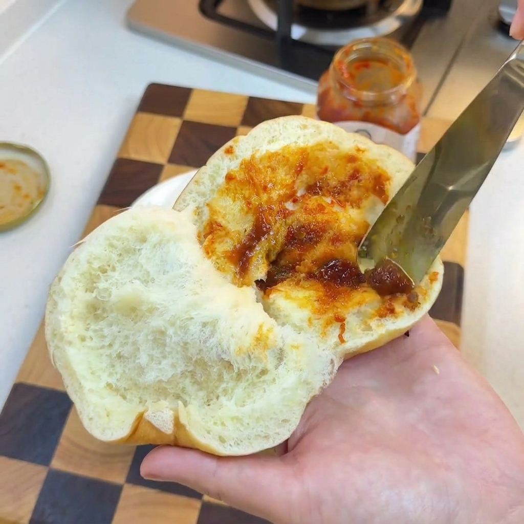 Ein getoastetes Burgerbrötchen wird mit Sauce und Mayonnaise bestrichen.