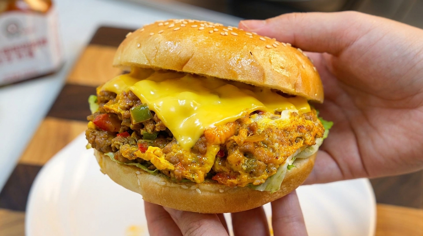 Burger mit Hackfleisch, grüner Paprika und Ei