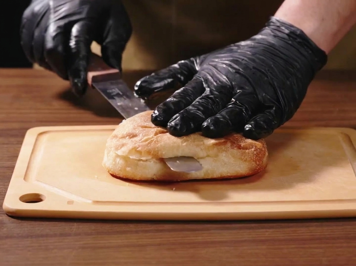 Behandschuhte Hände schneiden ein Paninibrot mit einem Brotmesser auf einem Holzbrett waagerecht durch.