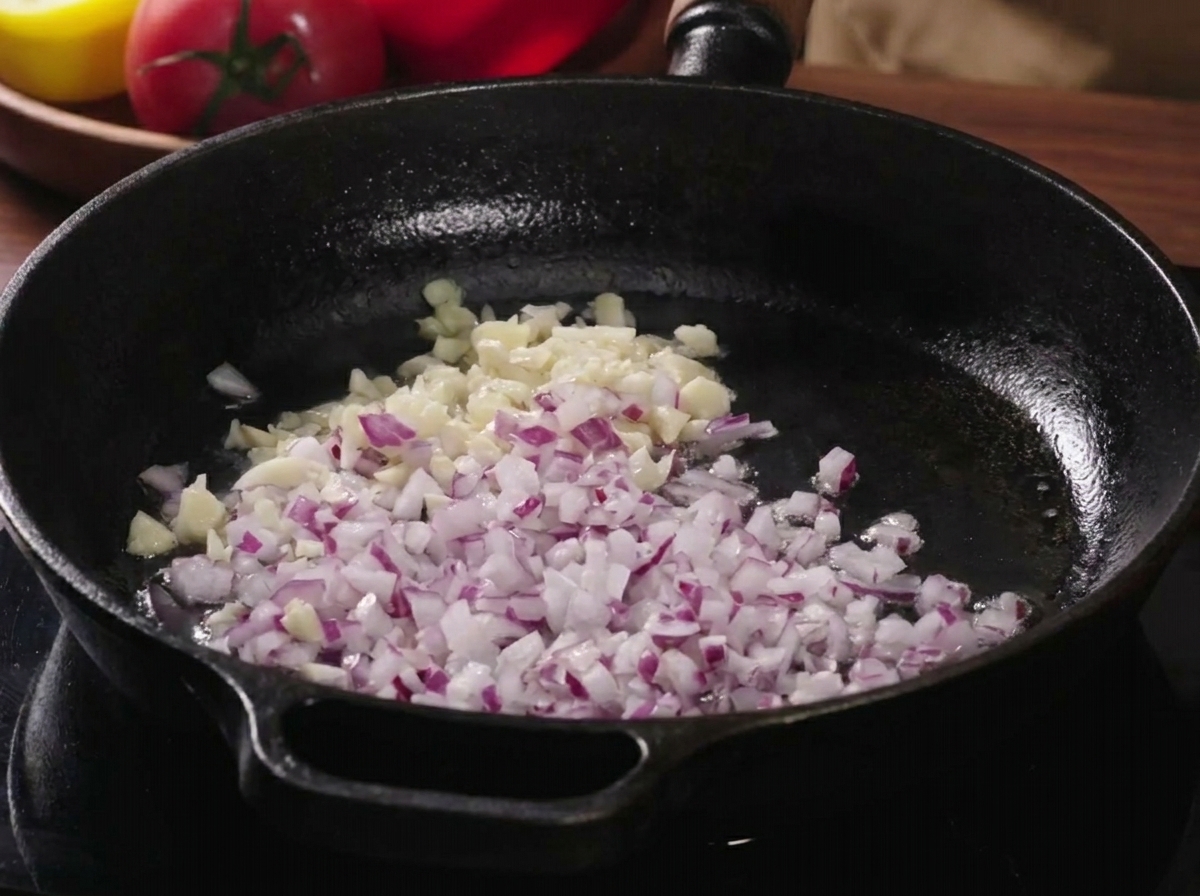 Schweinehackfleisch wird zusammen mit den zuvor angedünsteten Zwiebeln und dem Knoblauch in der Pfanne braun gebraten.
