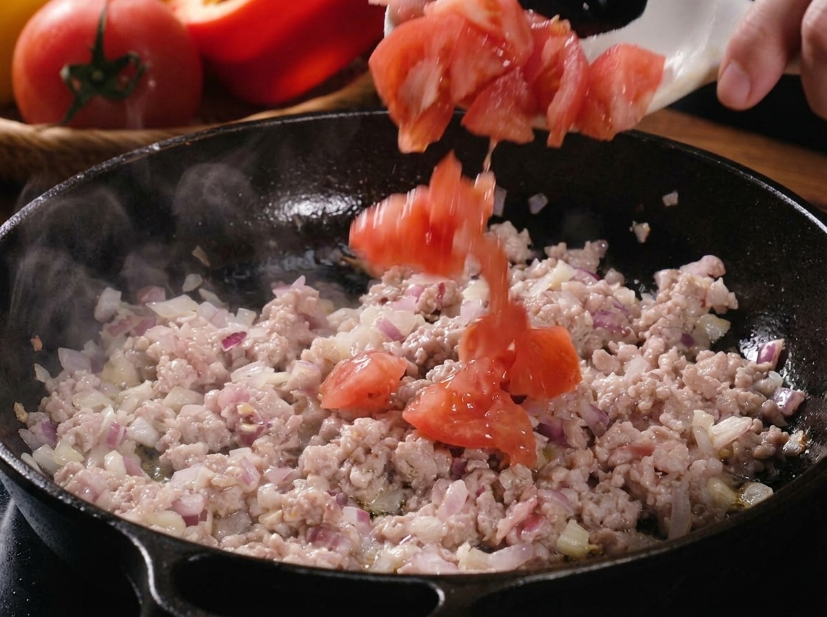 Frisch gehackte Tomaten und gewürfelte Paprika werden zur Hackfleischmischung in die Pfanne gegeben.