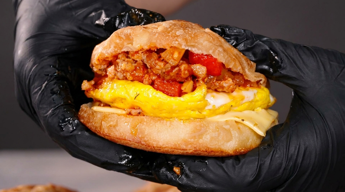 Gourmet-Frühstücksburger mit Shakshuka-Fleischsauce