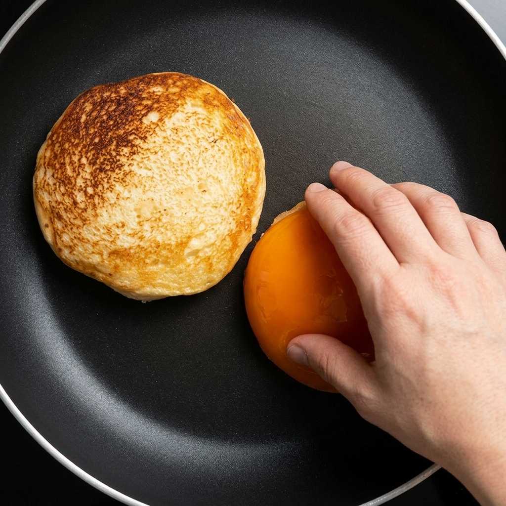 Die aufgeschnittenen Burger-Brötchen werden in einer Pfanne goldbraun getoastet.
