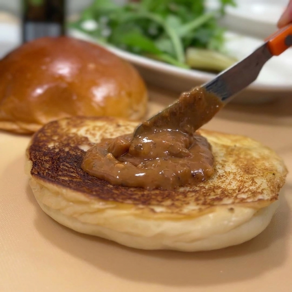 Erdnusssauce wird auf das getoastete Brötchen gestrichen.