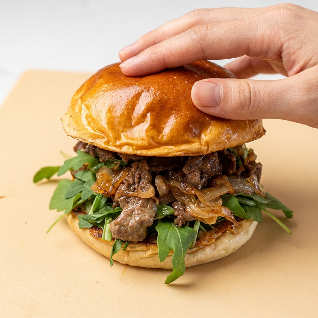 Der obere Teil des Burgerbrötchens wird auf den Burger gesetzt.