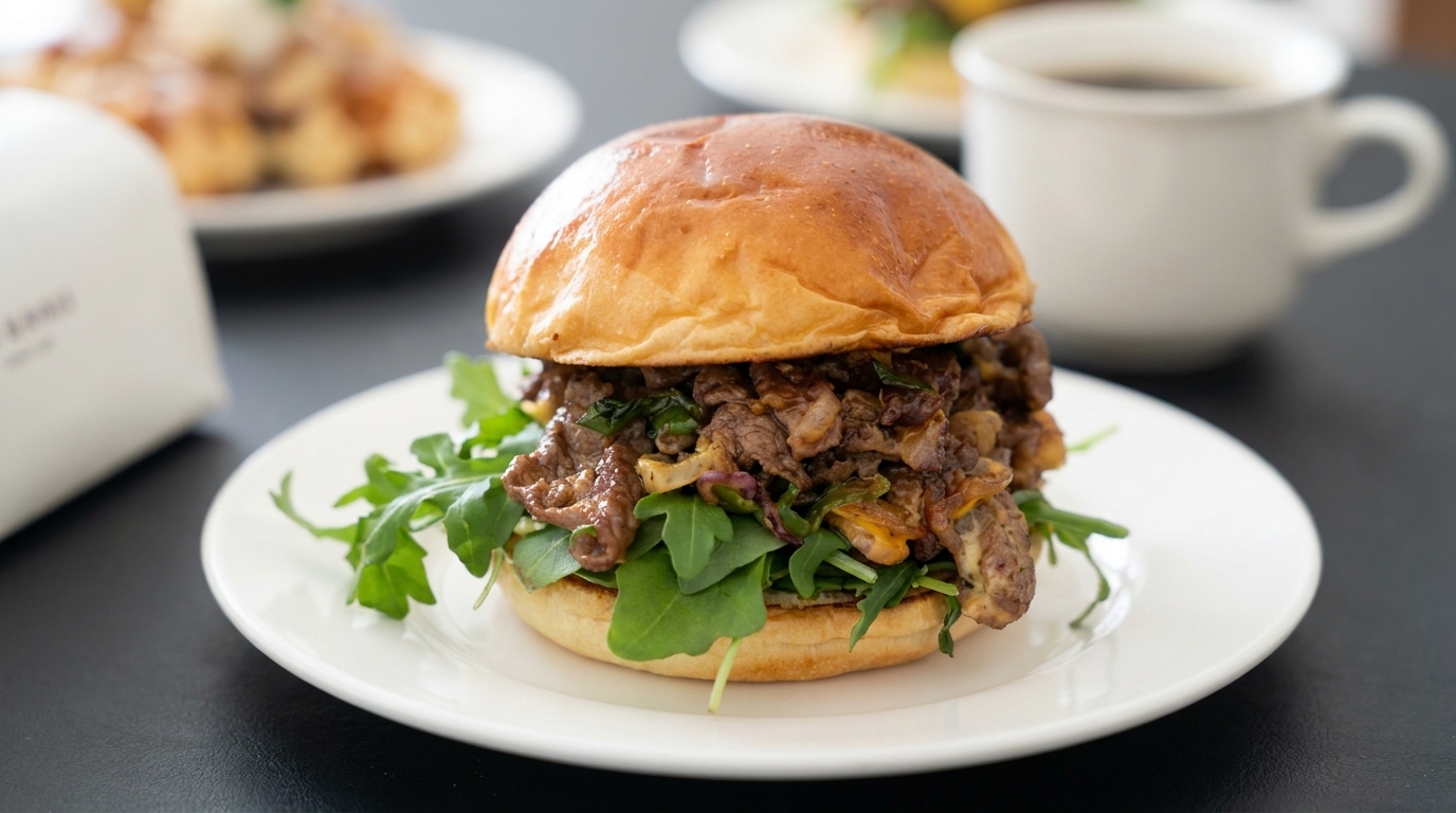 Herzhafter Cheeseburger mit Rindfleisch und Erdnusssauce