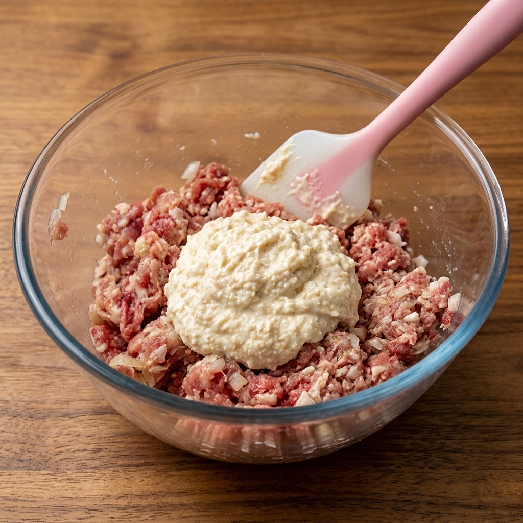 Mayonnaise und Semmelbrösel auf der Fleischmischung.