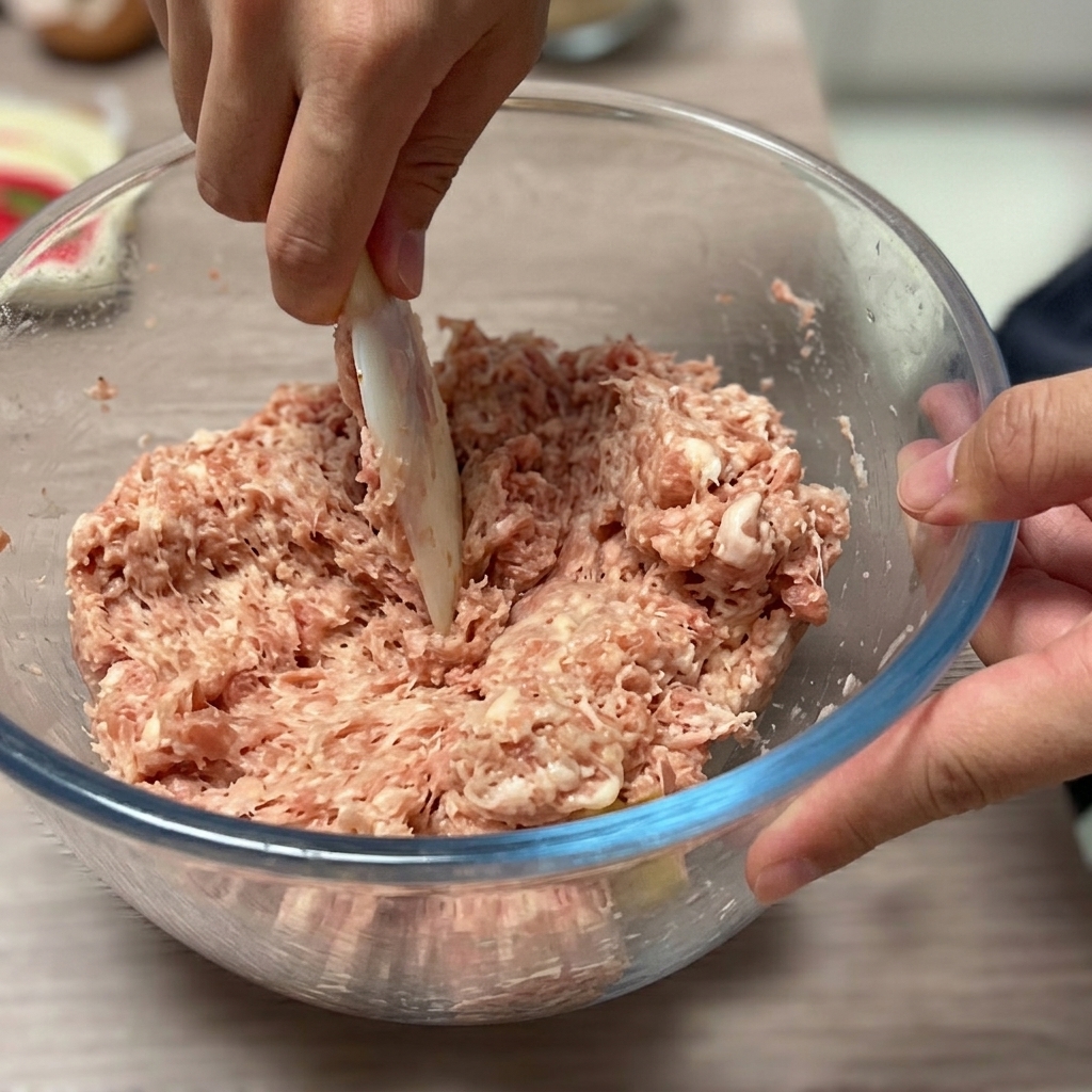 Die Fleischmasse wird in vier gleich große Portionen geteilt.