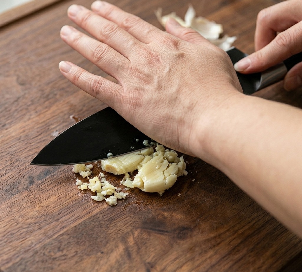 Zwei Knoblauchzehen unter einer Messerklinge angedrückt.
