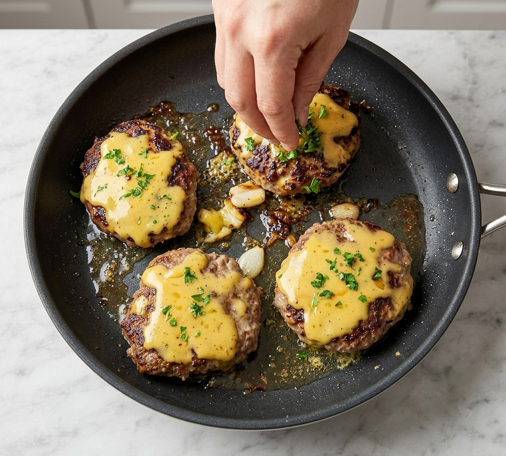 Käseburger-Patties in der Pfanne, bestreut mit frischer Petersilie.