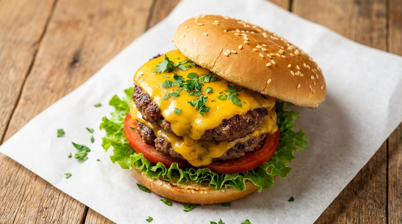 Ein hausgemachter Double-Cheeseburger mit perfekt angebratenen Patties, geschmolzenem Cheddar und frischem Gemüse.