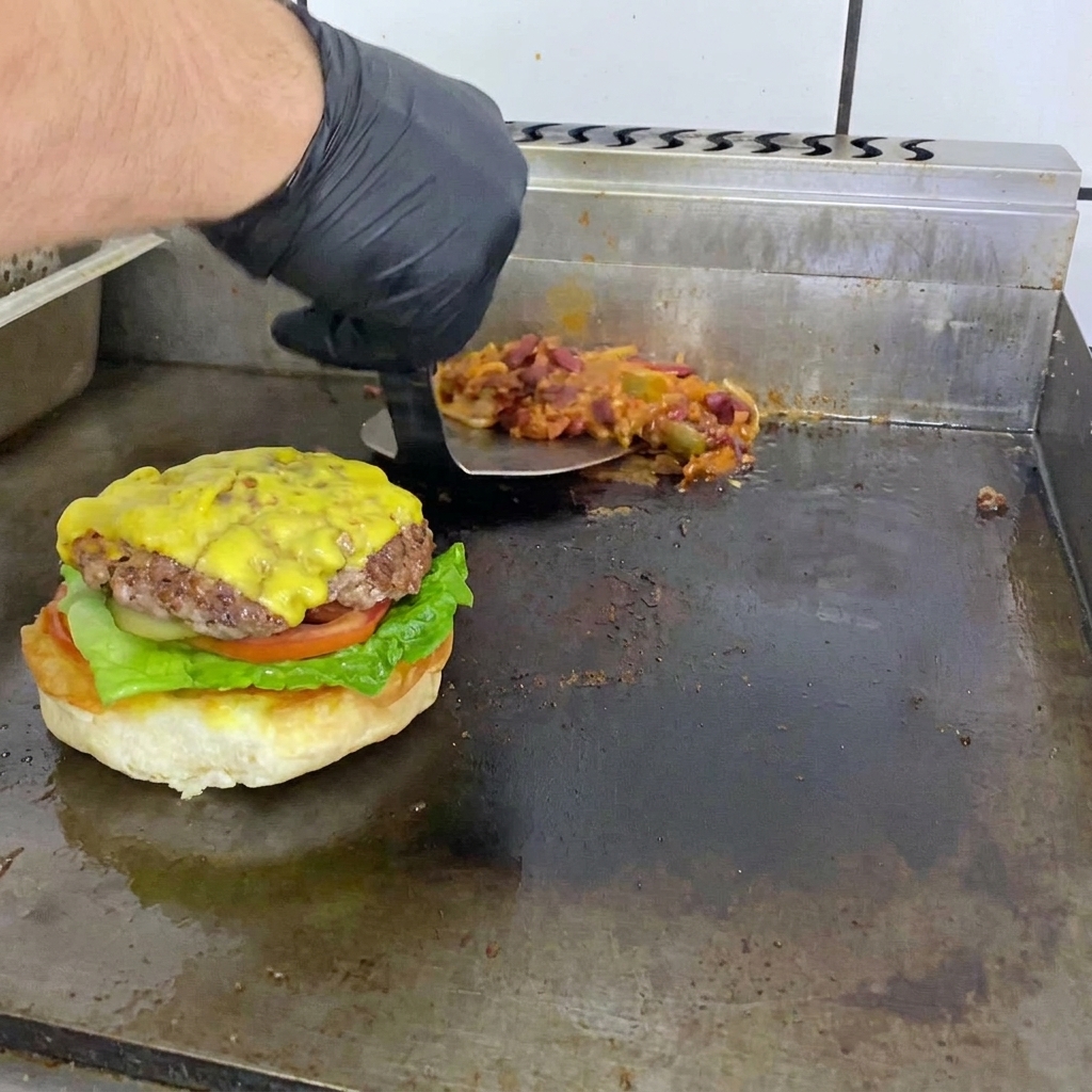Ein fertiger mexikanischer Chili-Beef-Burger mit Käse und Chili-Sauce.