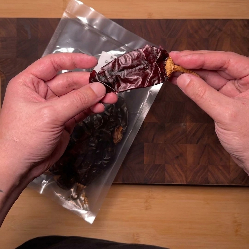 Getrocknete Guajillo-Chilis werden mit einer Schere in kleine Stücke geschnitten.