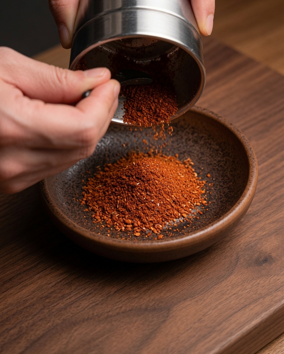 Eine Gewürzmühle füllt frisch gemahlenes rotes Chilipulver in eine Schale.