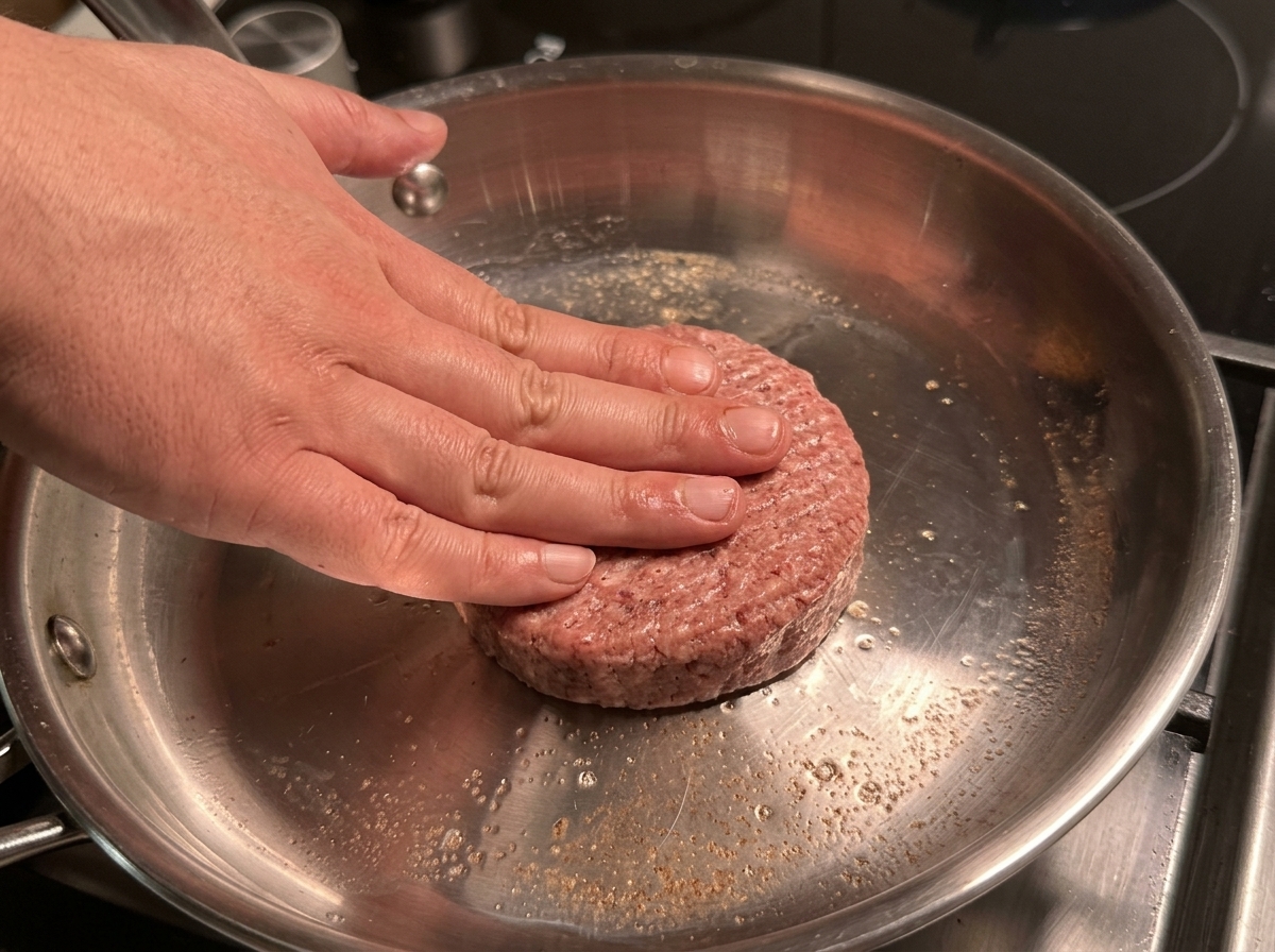 Ein Rinder-Patty wird in einer Pfanne angebraten.