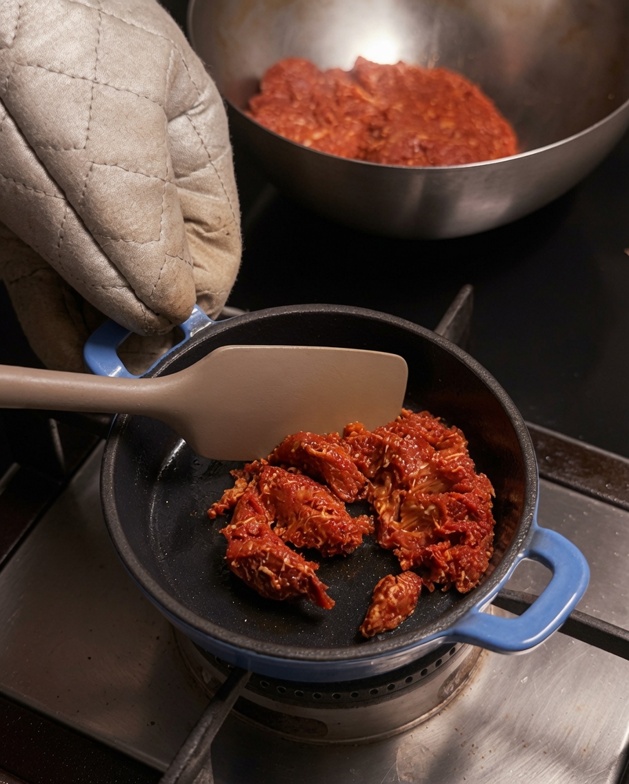 Chorizo-Hackfleisch wird in einer blauen Pfanne angebraten und zerkleinert.
