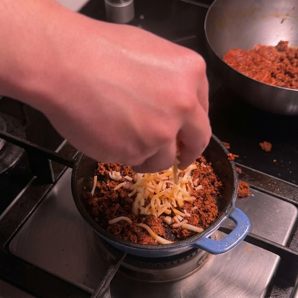 Geriebener Colby Jack Käse wird unter das gebratene Chorizo-Fleisch in einer Pfanne gehoben.