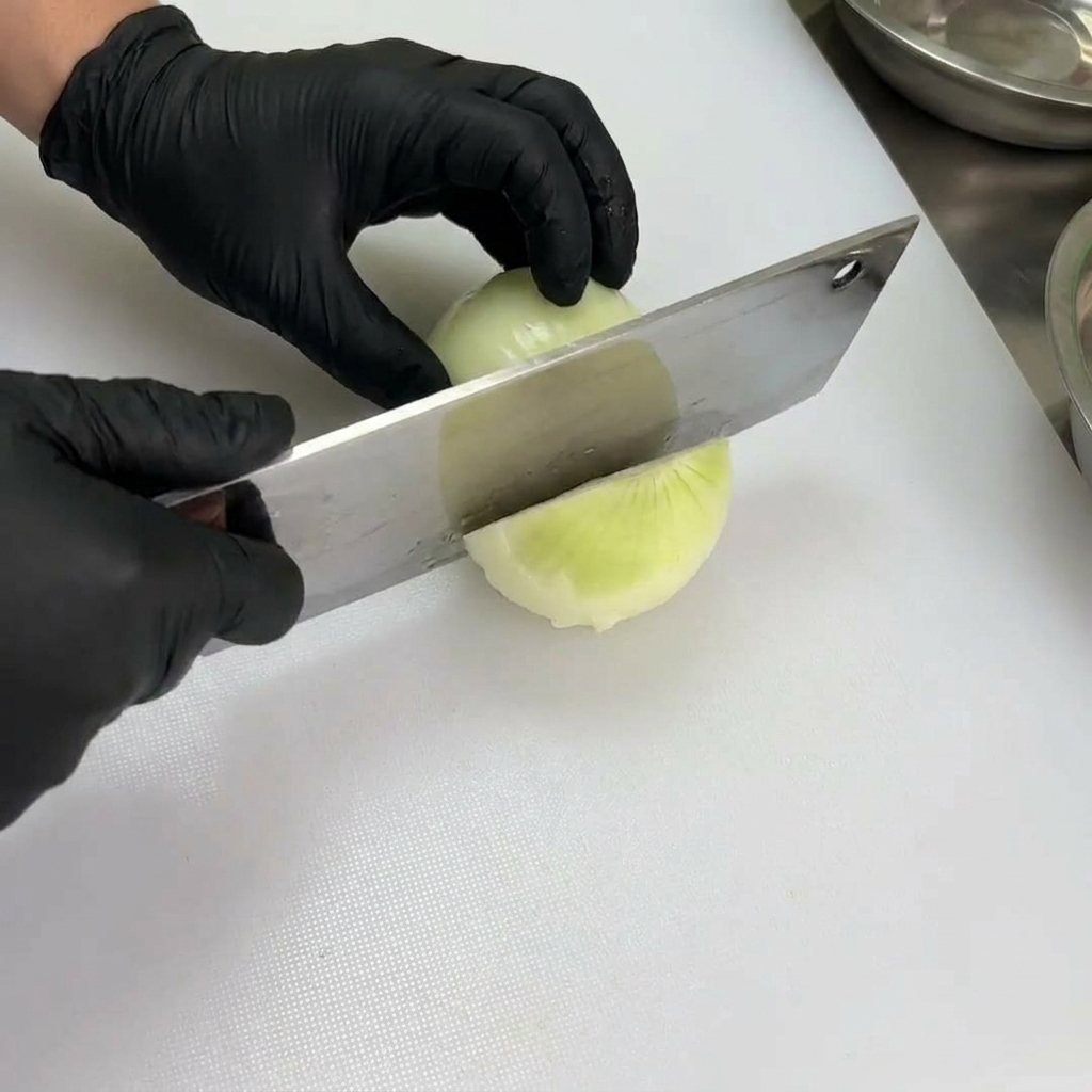 Eine Zwiebel wird auf einem weißen Schneidebrett mit einem professionellen Hackmesser in gleichmäßige Stücke geschnitten.