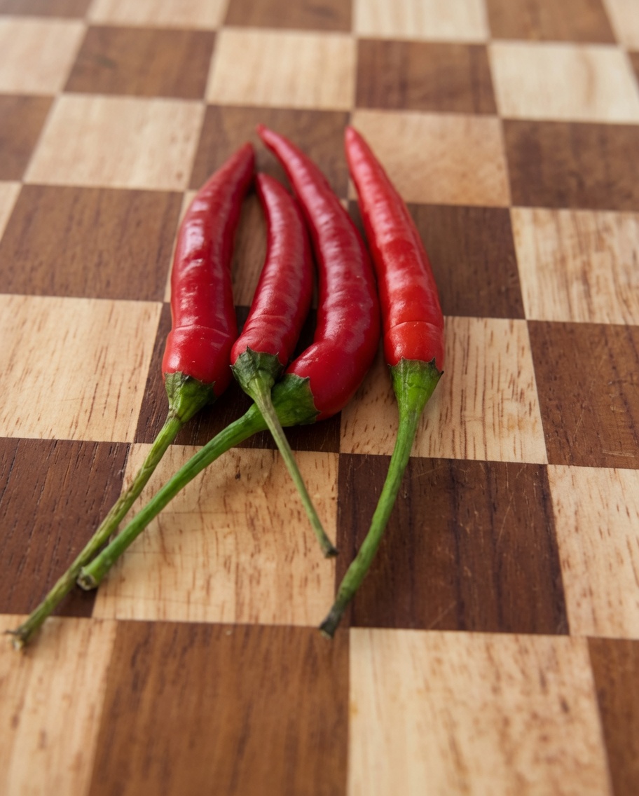 Frische rote Chilis werden auf einem Holzschneidebrett in kleine Stücke geschnitten.
