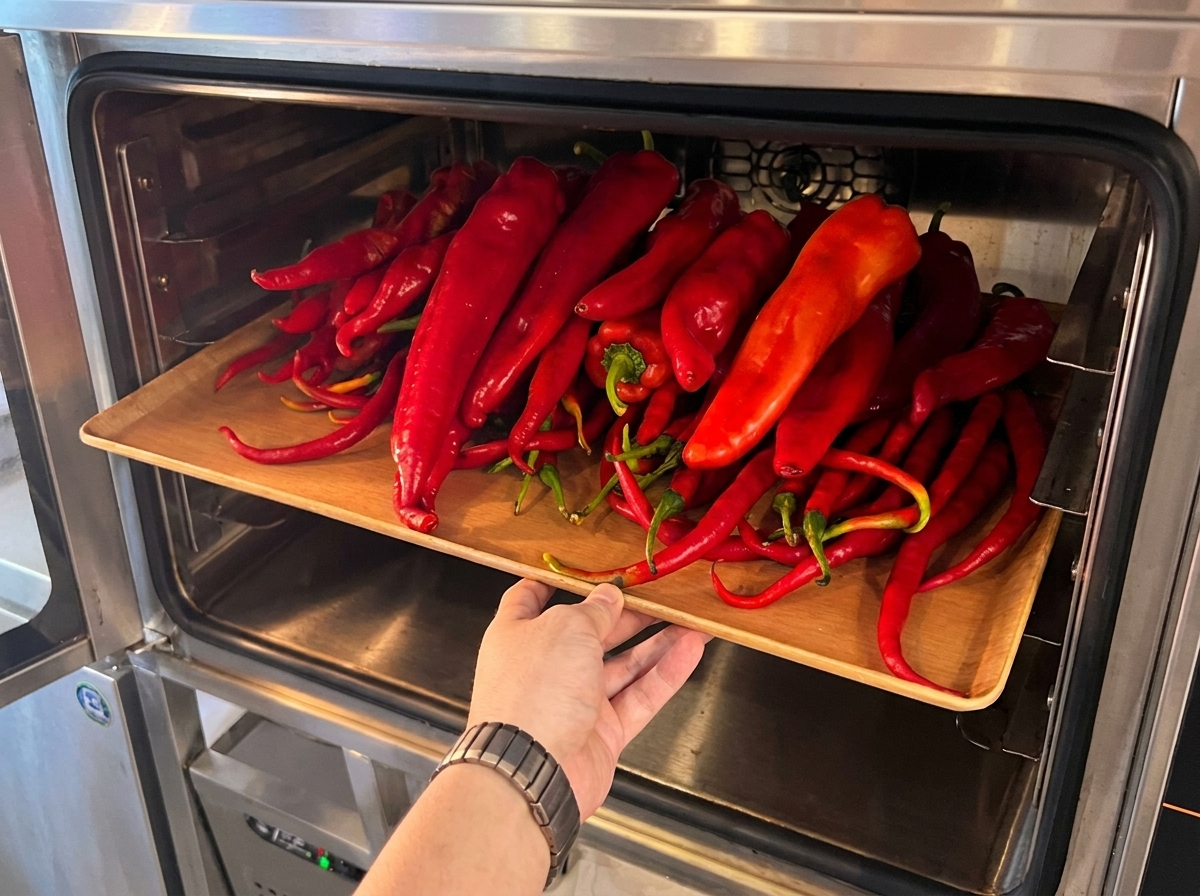 Ein mit frischen roten Chilis gefülltes Backblech wird in einen vorgeheizten Ofen geschoben.