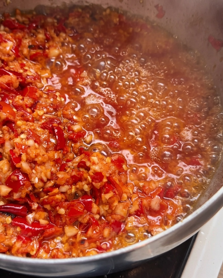 Eine Pfanne mit der angebratenen Chili-Knoblauch-Mischung, in die geröstete Chilistücke und ein Stück schmelzende Butter gegeben werden.