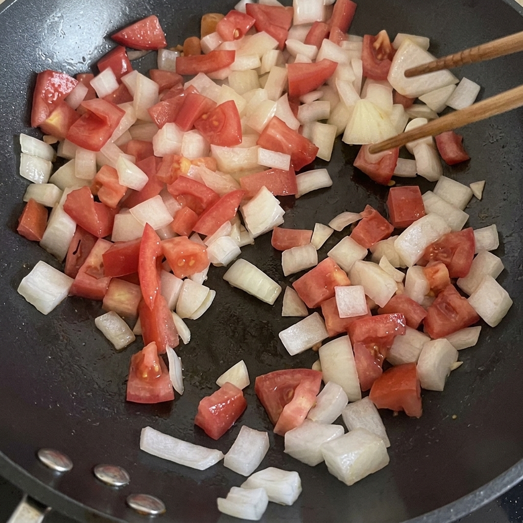 Gewürfelte Tomaten und Zwiebeln werden in einer Pfanne glasig gedünstet.