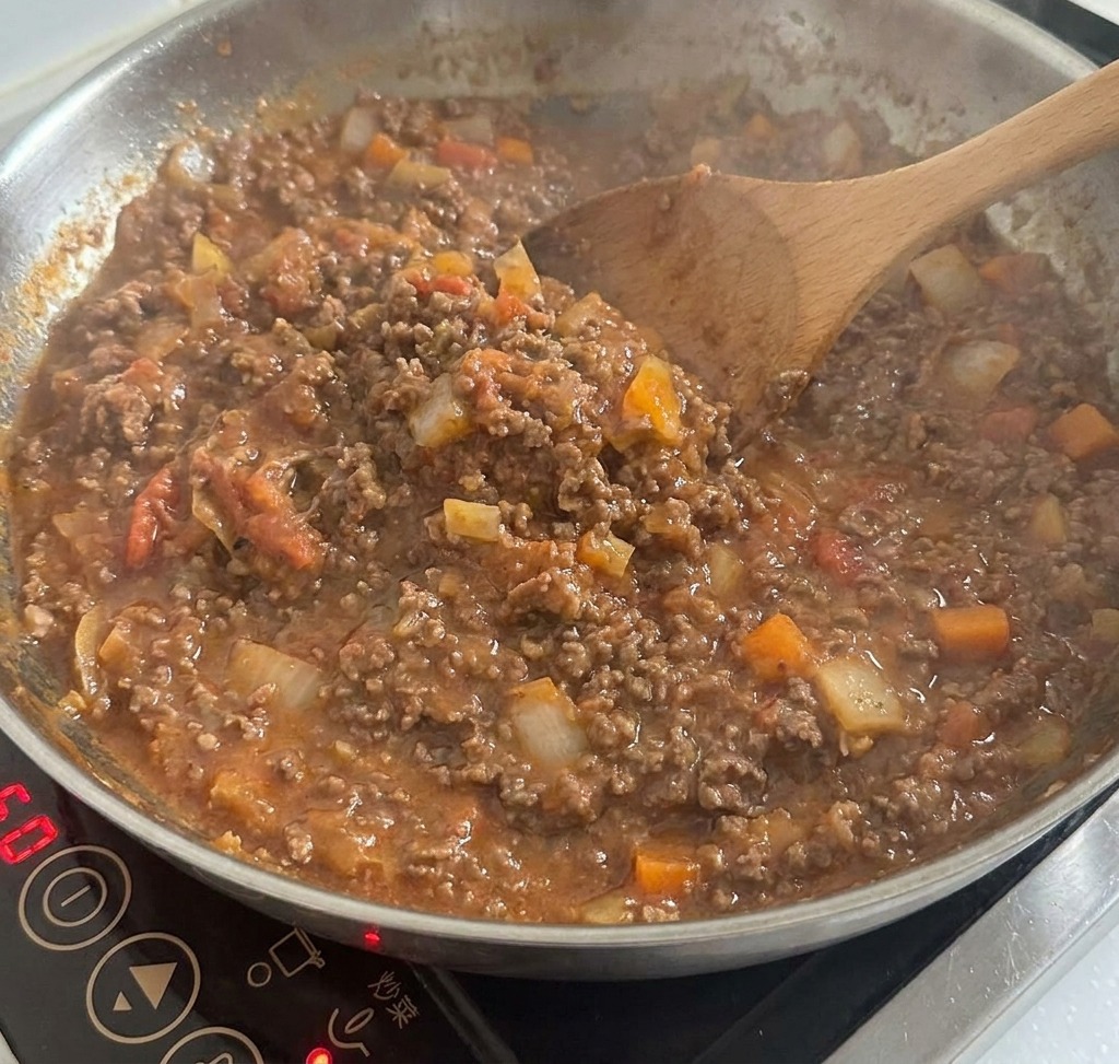Die mexikanische Fleischsauce köchelt in der Pfanne und bekommt eine dicke Konsistenz.