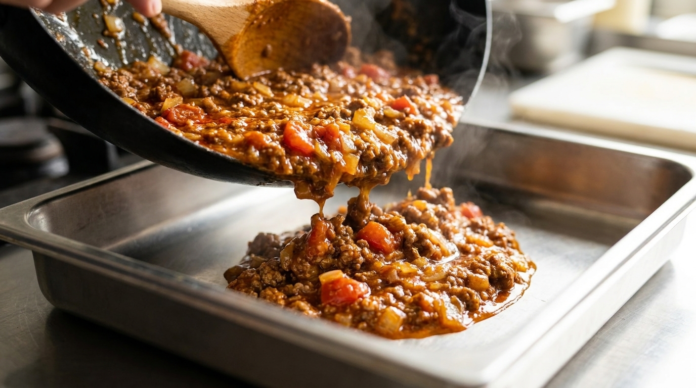 Eine reichhaltige, stückige mexikanische Fleischsauce in einer Pfanne, mit perfekt gebräuntem Rindfleisch und zartem Gemüse.