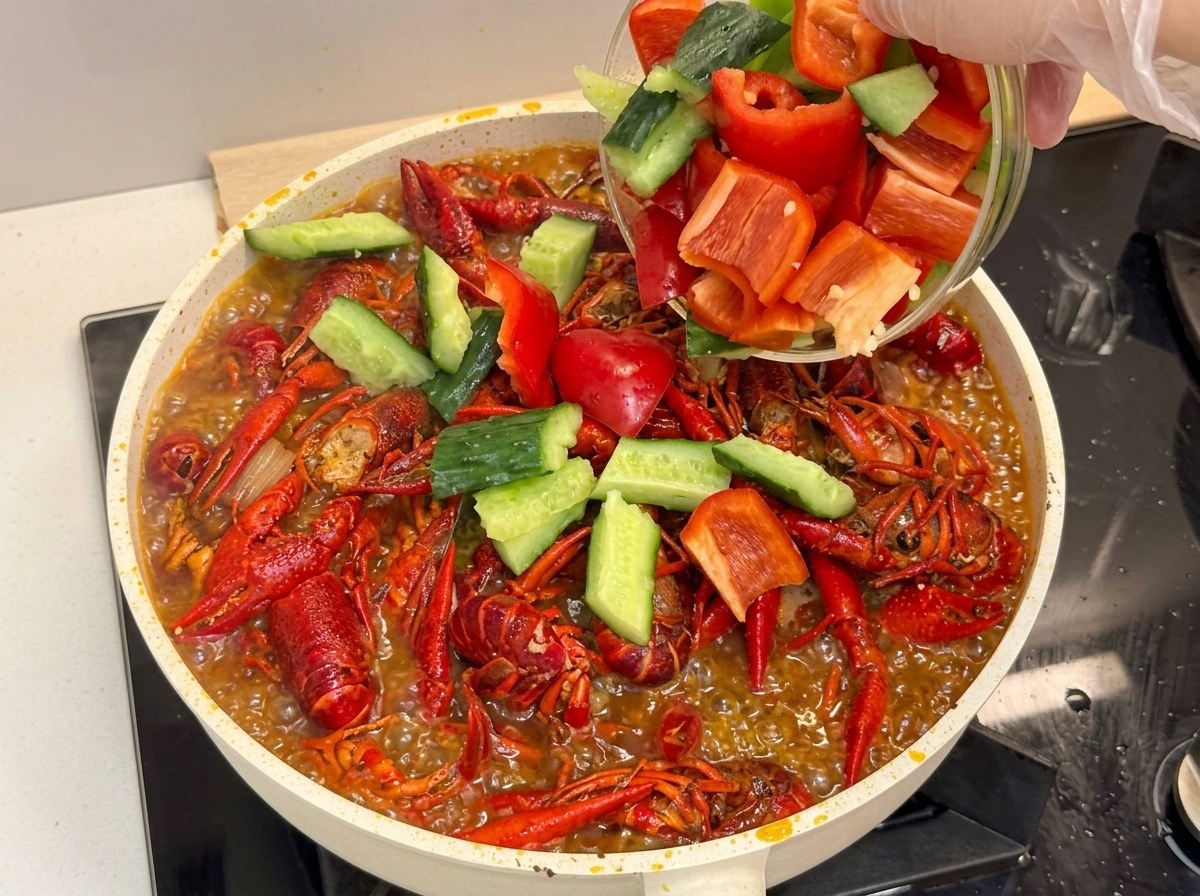 Grob gehackte bunte Paprika und Gurkenstücke werden in die Pfanne zu den kochenden Flusskrebsen gegeben.