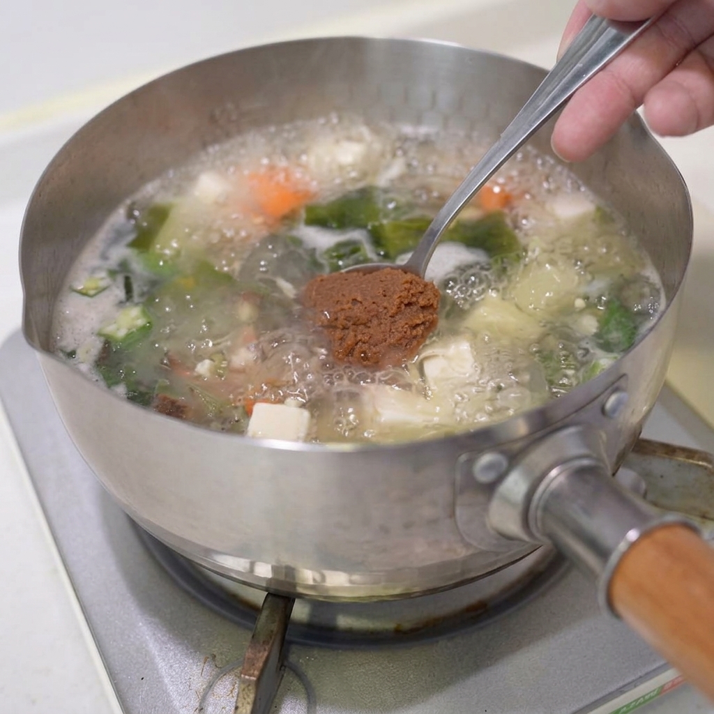 Ein Löffel braune Miso-Paste wird in die kochende Gemüsesuppe gesenkt.