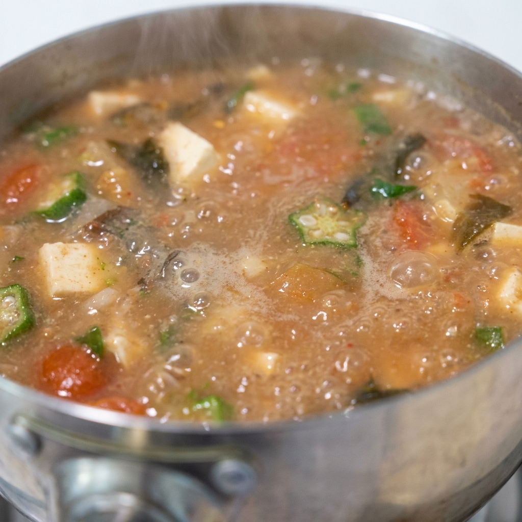 Eine Schöpfkelle rührt die kochende Miso-Suppe, um die Paste vollständig aufzulösen.