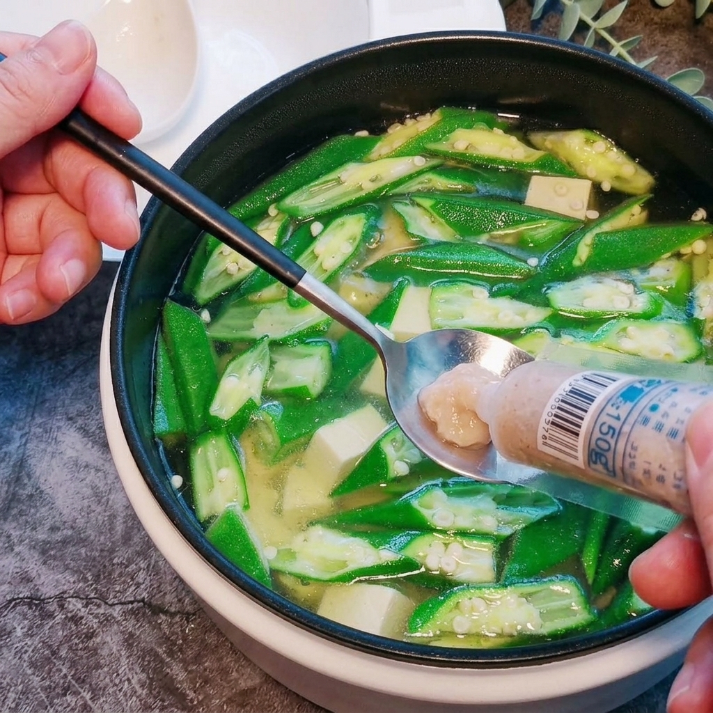 Ein Löffel voll Garnelenpaste wird in die köchelnde Suppe gegeben.