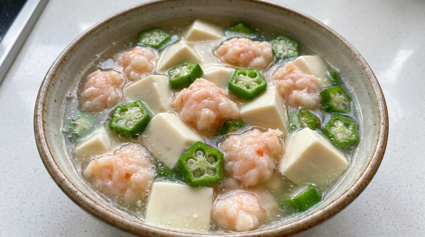 Okra-Suppe mit Garnelenpaste und Tofu
