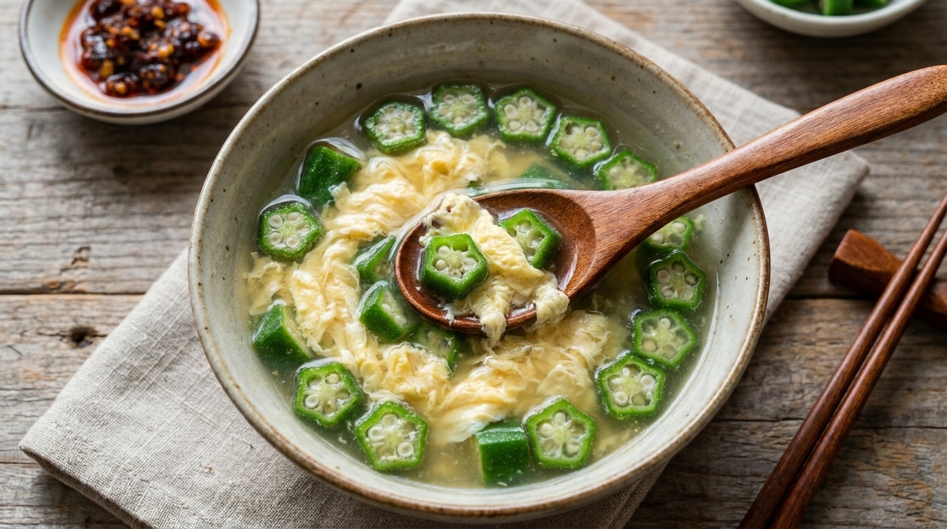 Eine Schüssel Okra-Eierstichsuppe mit leuchtend grünen Okrascheiben und zarten Eierfäden in einer klaren Brühe.