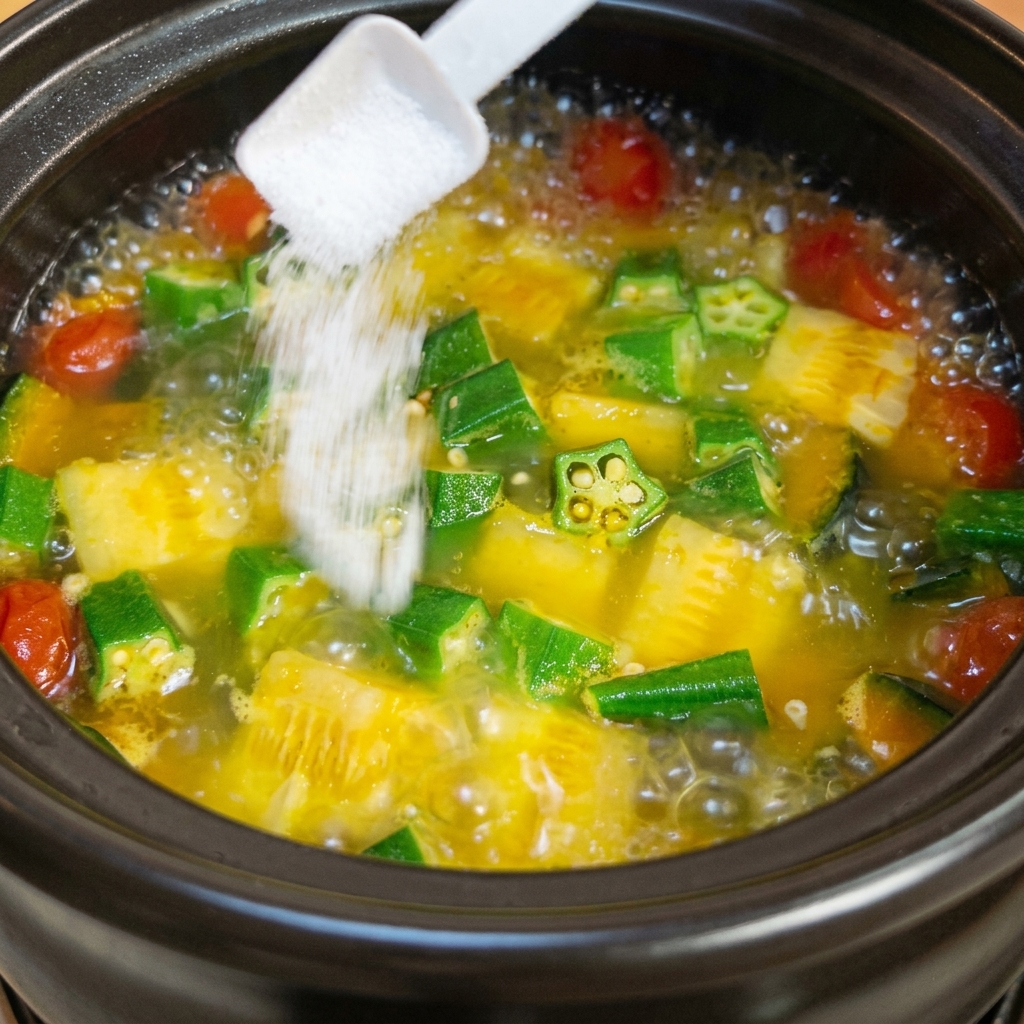 Weißer Pfeffer wird in einen Topf mit fertiger Gemüsesuppe gestreut, wobei der Würzvorgang festgehalten wird.