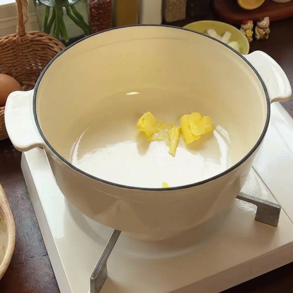 Butter schmilzt in einem weißen Emailletopf.
