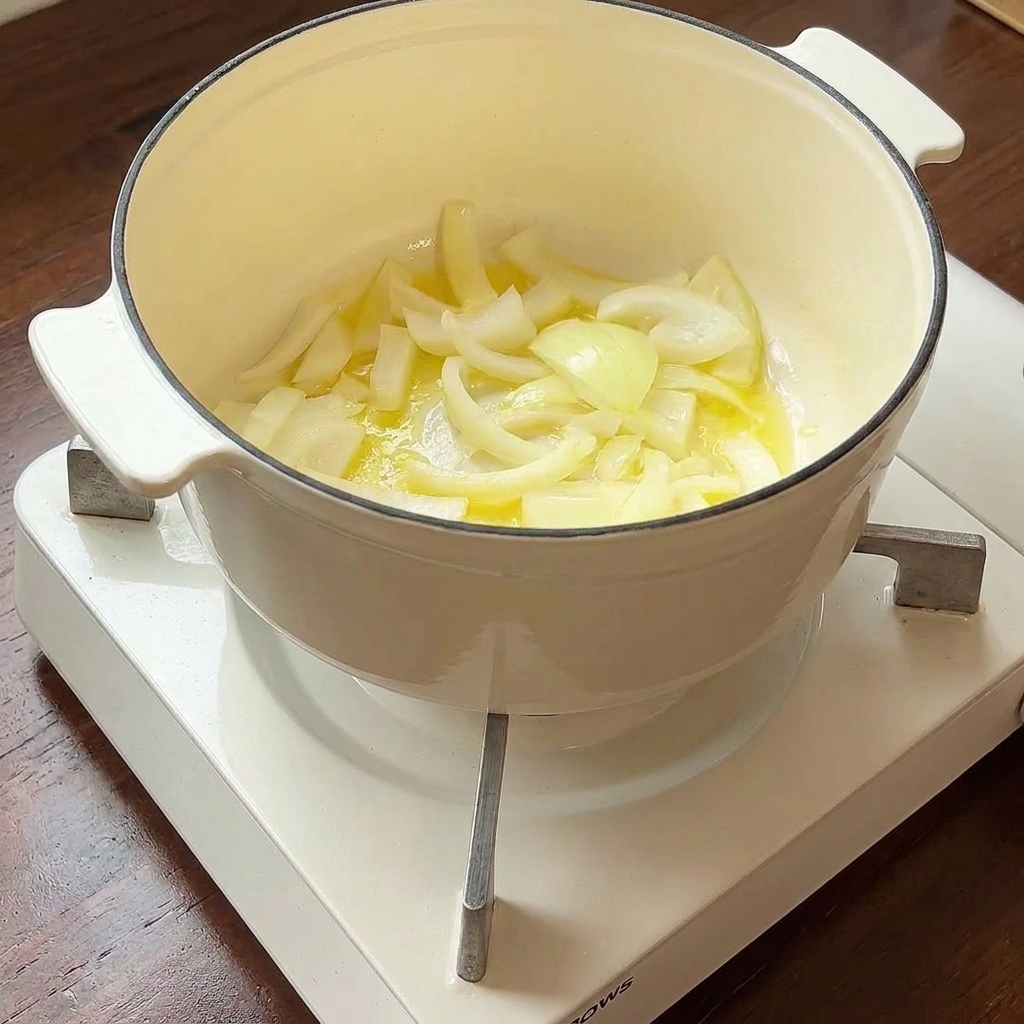 Gehackte Zwiebeln dünsten in einem Topf mit Butter glasig.