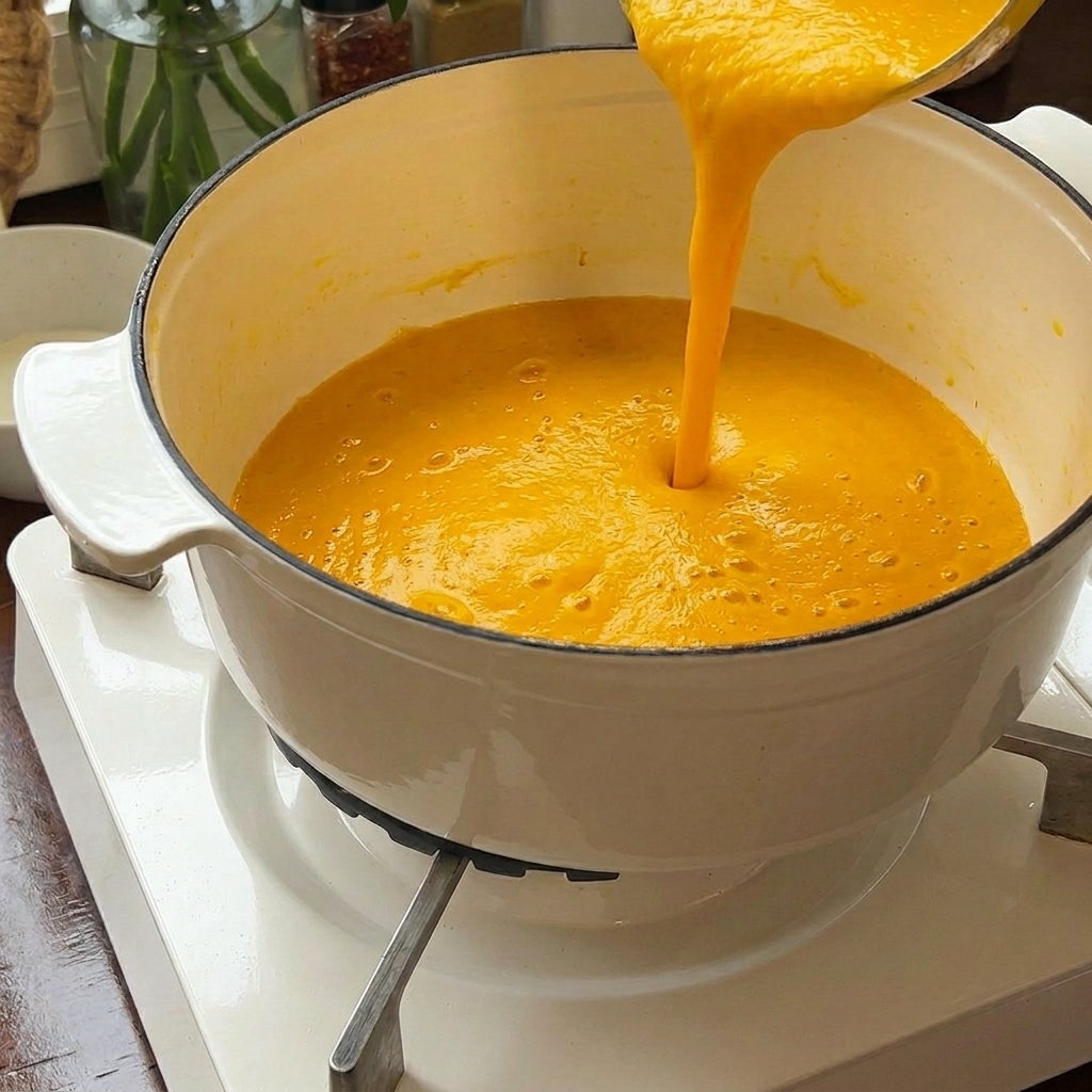 Die fertige Suppe wird aus dem Mixer in einen weißen Emailletopf gegossen.
