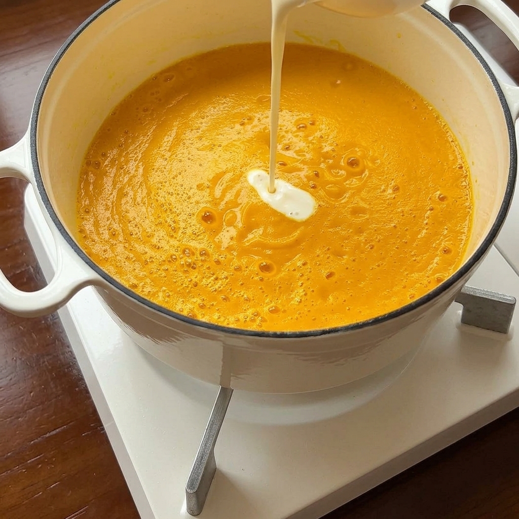 Sahne wird in die orangefarbene Suppe geträufelt und verrührt.