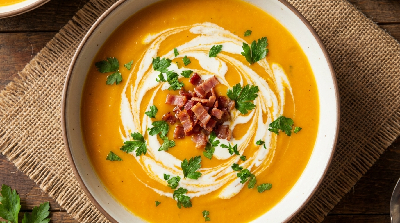 Cremige Kürbissuppe mit knusprigem Speck