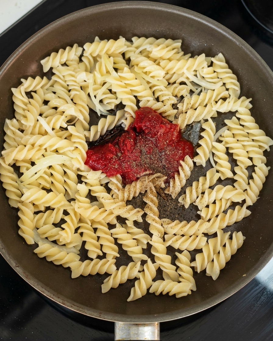 Eine Pfanne mit Pasta und Zwiebeln, in deren Mitte Tomatenmark und Gewürze für die Vermengung bereitliegen.