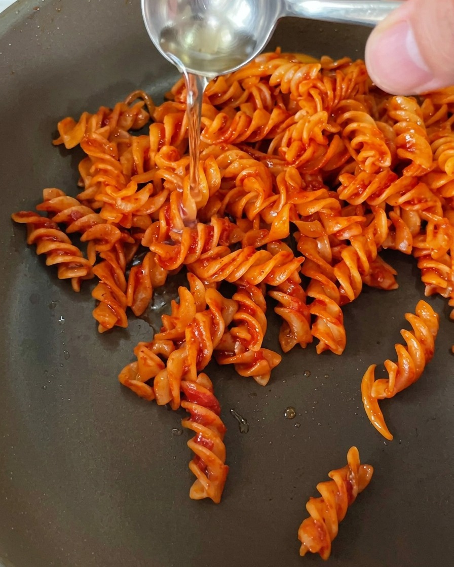 Nahaufnahme einer Pfanne mit Pasta, in die eine klare Flüssigkeit gegossen wird, um den Flambiervorgang einzuleiten.