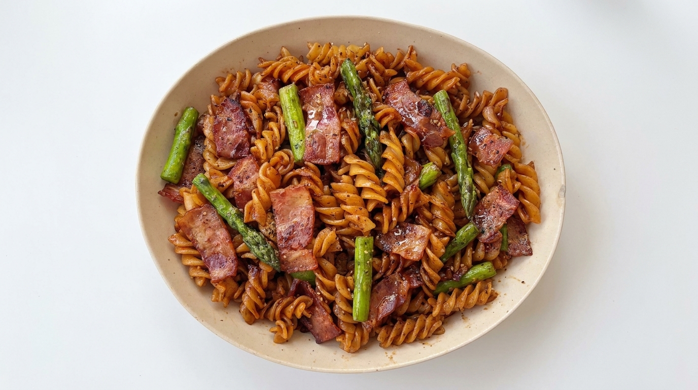 Herzhafte Fusilli mit Speck und Spargel