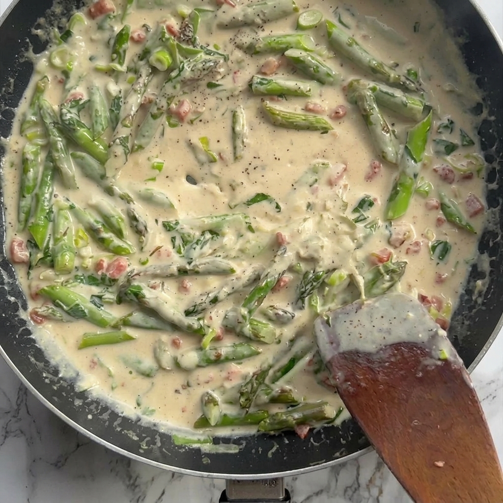 Gekochte Spaghetti werden in der cremigen Sauce mit Spargel und Speck geschwenkt.