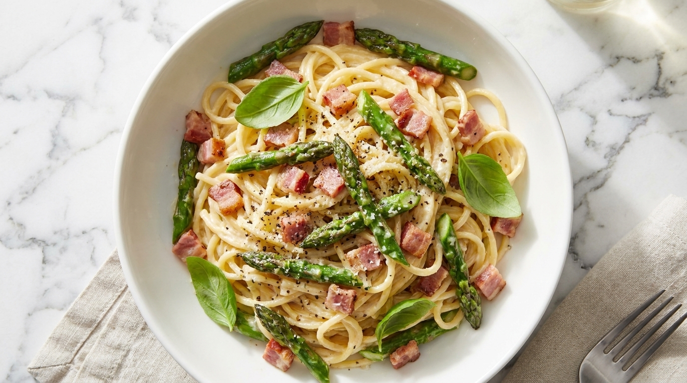 Cremige Spaghetti mit Spargel und Speck