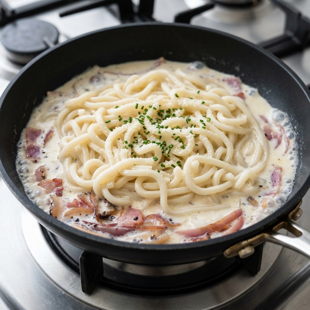Udon-Nudeln werden zu der cremigen Sauce in die Pfanne gegeben.