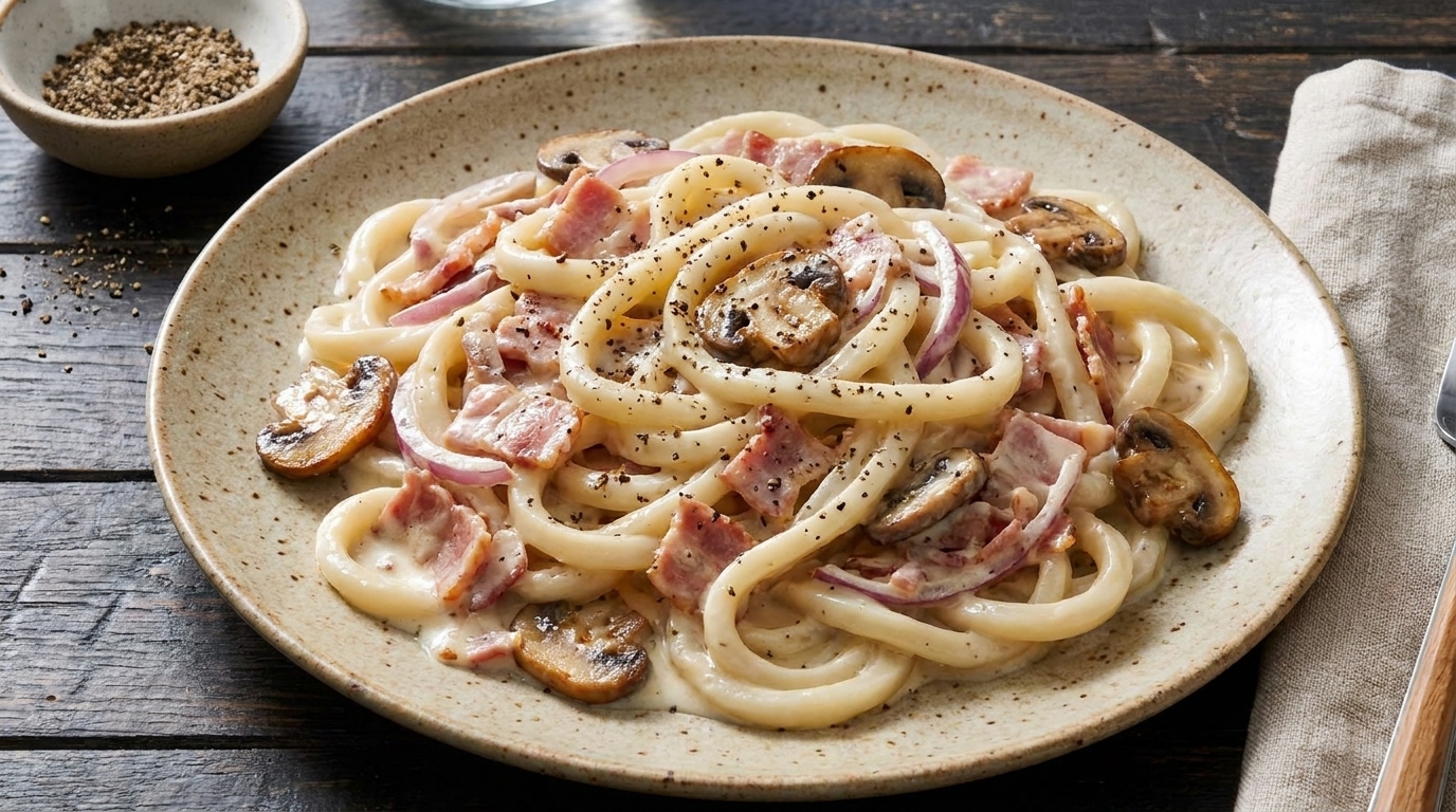Cremige Udon mit Speck und Schwarzem Trüffel