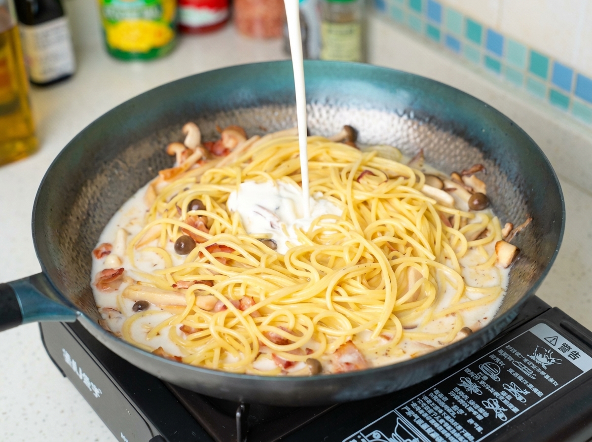 Sahne wird hinzugefügt und vermengt sich mit der Milch und Pasta zu einer reichhaltigen Sauce.