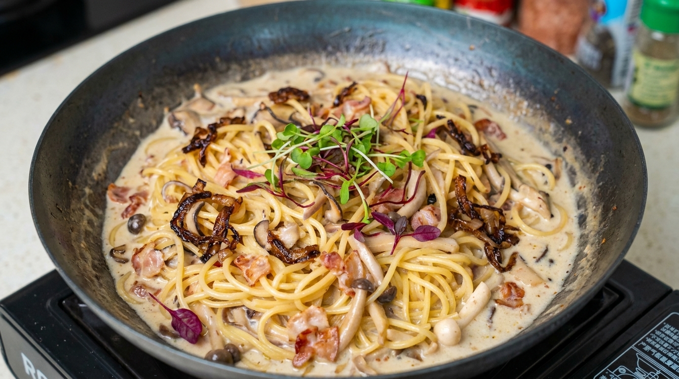Cremige Angel Hair Pasta mit Speck und Champignons