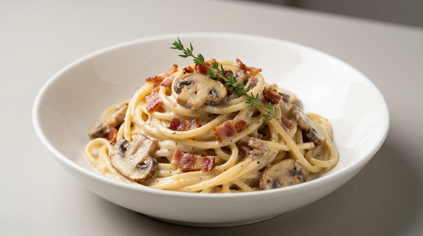 Ein cremiger, aromatischer Teller mit Spaghetti, Speck und Champignons, garniert mit einem Zweig frischem Thymian.